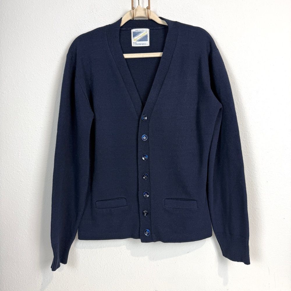 Vintage Classic Navy Cardigan Sweater Acrylic Made in USA S